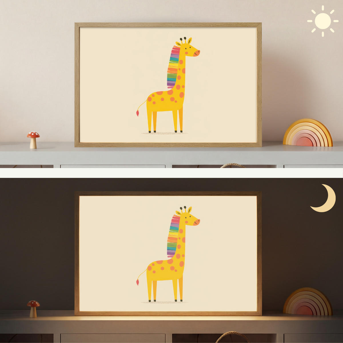NÁSTĚNNÁ LAMPA S AKUMULÁTOREM Žirafa - Duhová hříva - béžová 60x40 cm - béžová, kompozitní dřevo (60/40/8cm) - OnlyWow