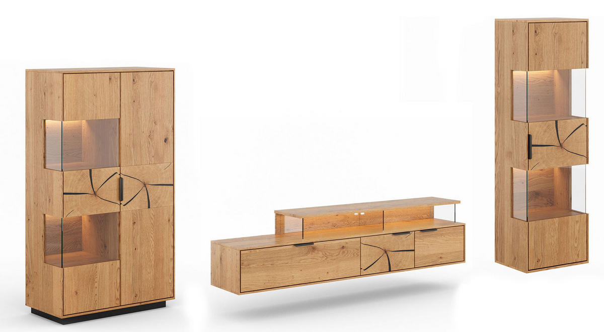 WOHNWAND Tirano 3er-Set Eiche Natur / Hirnholz - Eichefarben/Schwarz, Holz/Metall (326/147/39cm) - Feldmann-Wohnen