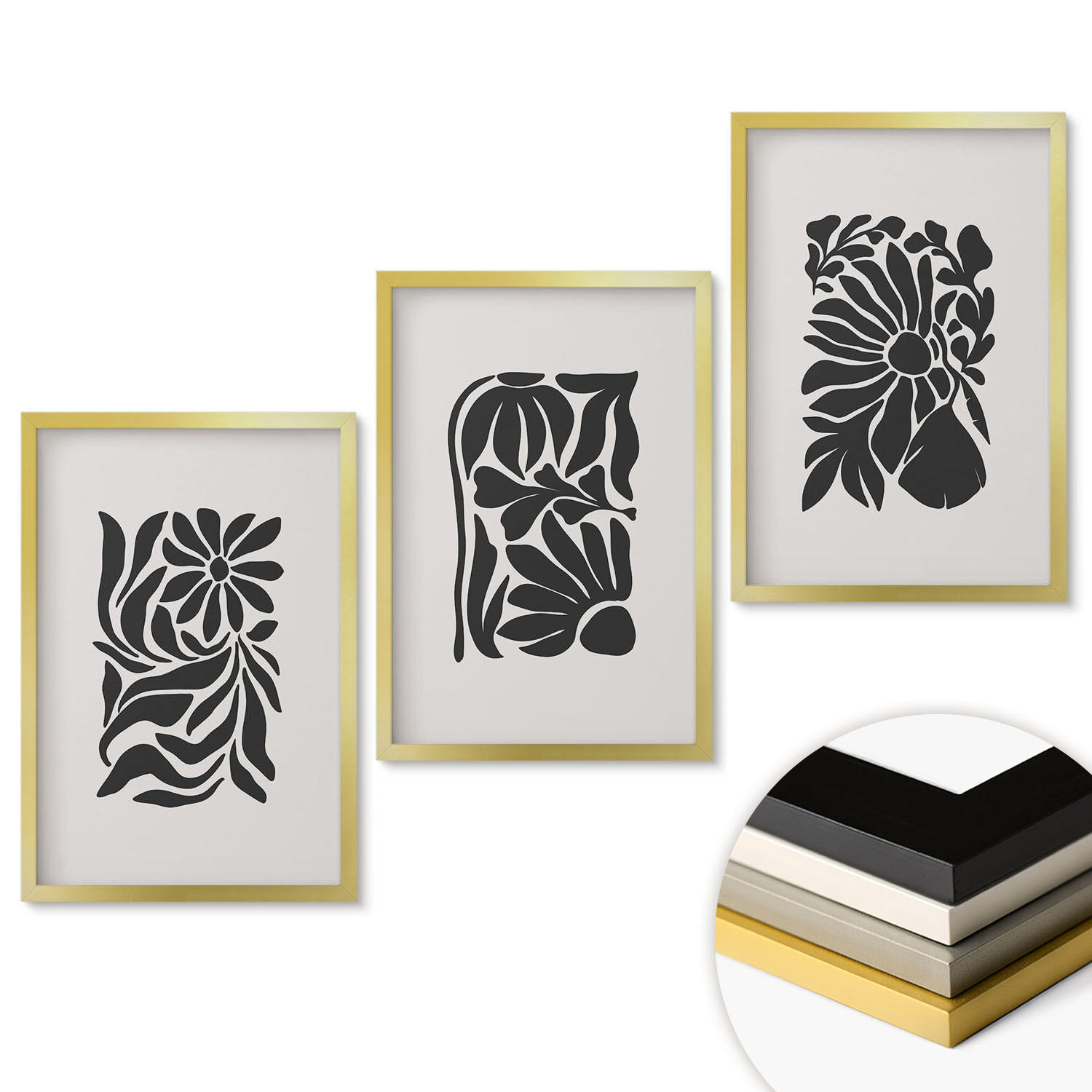 WANDBILDER 3er Set - 40x60 cm Goldrahmen - Abstrakte Pflanzenmuster - Goldfarben, Kunststoff (40/60cm) - ArtPrintCave