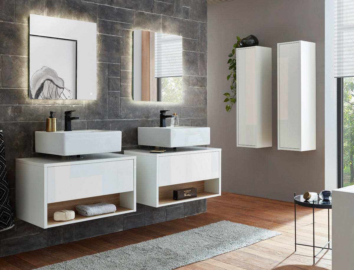 BADMÖBEL-SET 6-teilig weiß Hochglanz, Eiche, Badezimmer Komplettset mit LED Beleuchtung 250 cm - Weiß Hochglanz/Eichefarben, Glas/Holzwerkstoff (250/190/46cm) - Furn.Design