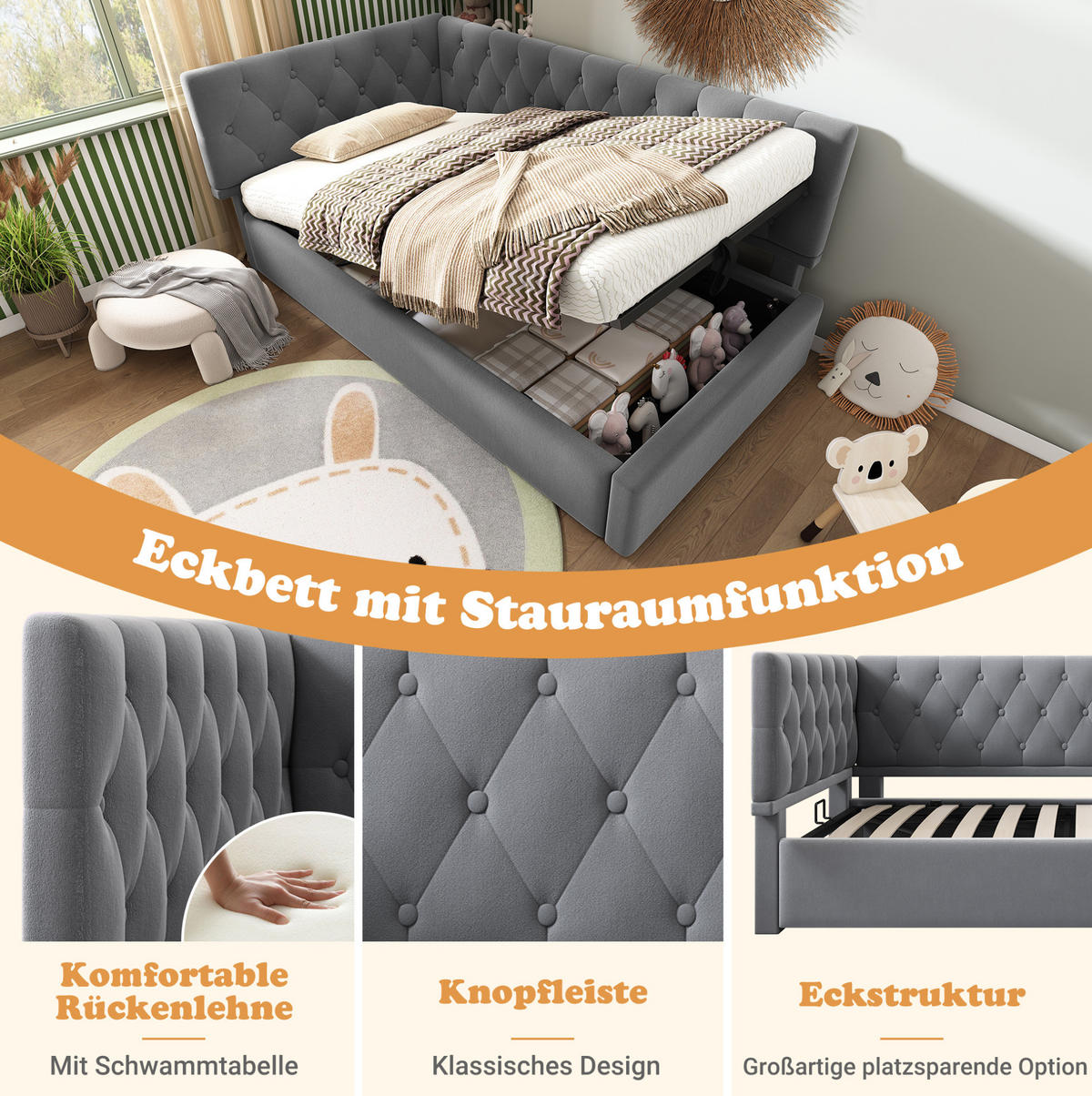 KINDERBETT Polsterbett 90/190 cm aus Samt mit hydraulischem Stauraum Grau - Grau, Textil (90/190cm) - Modenvie