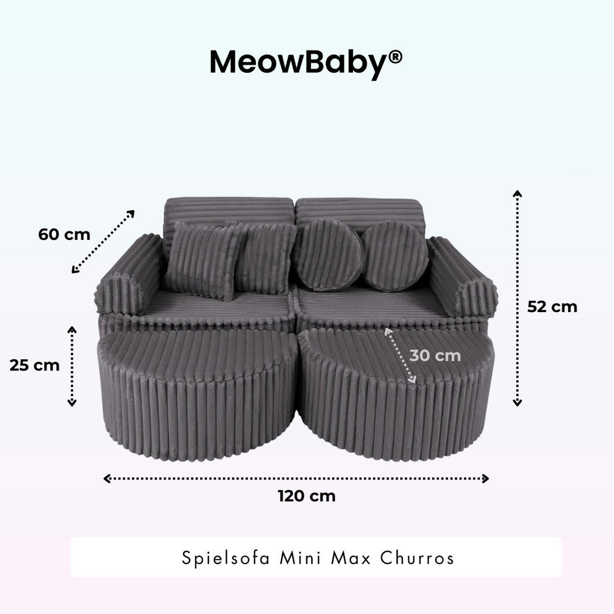 KINDERSOFA Pocket Max modular 12-tlg. aus Plüschcord in Taubengrau - Graphitfarben, Textil (120/25/60cm) - MeowBaby