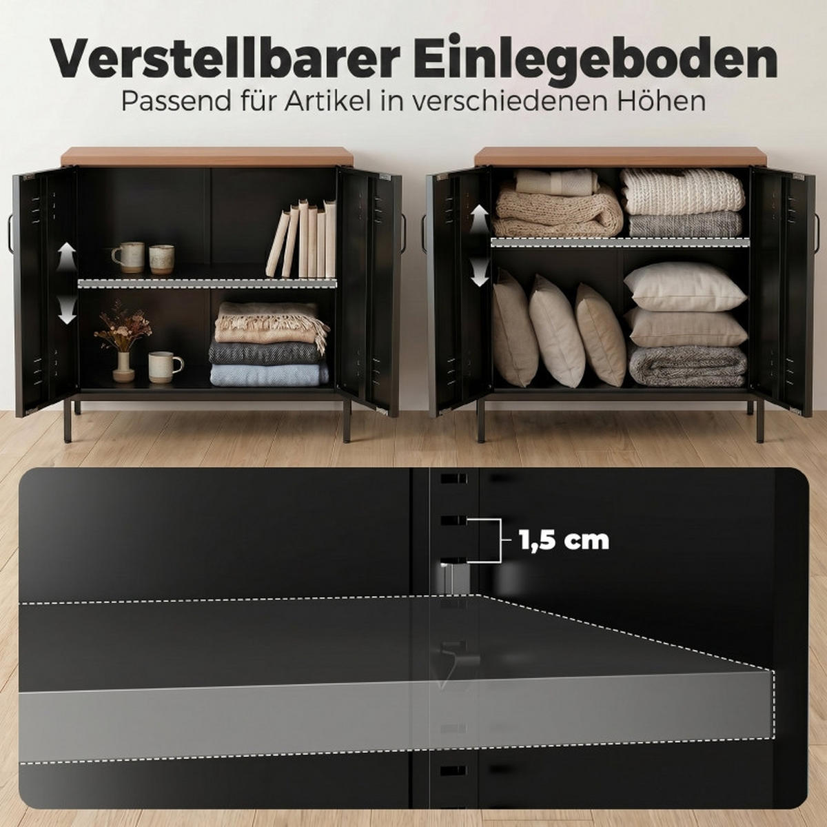 SIDEBOARD DE-38801 80/40/80 cm 2 Türen und verstellbares Regal Schwarz - Schwarz, Metall (80/80/40cm) - ComfortXL