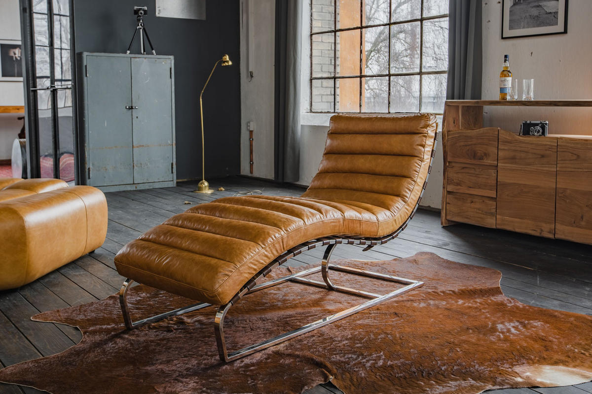 RELAXLIEGE SIRY Braun Leder - Dunkelbraun/Silberfarben, Leder/Metall (61/88/150cm) - KAWOLA