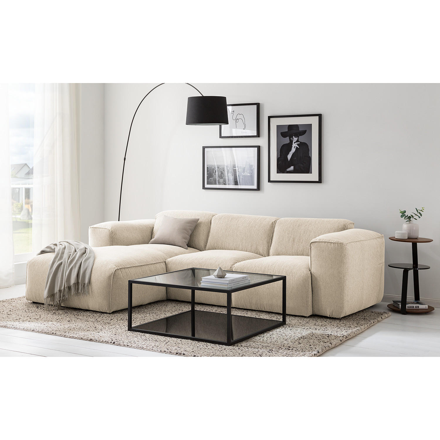 3-SITZER ECKSOFA mit Longchair - Beige/Schwarz, Textil (251/173cm) - home24