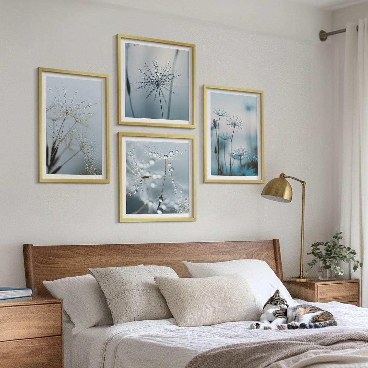WANDBILDER 4er Set - 50x50 cm & 40x60 cm Goldrahmen - Löwenzahn-Wassertropfen - Goldfarben, Kunststoff (50/50cm) - ArtPrintCave
