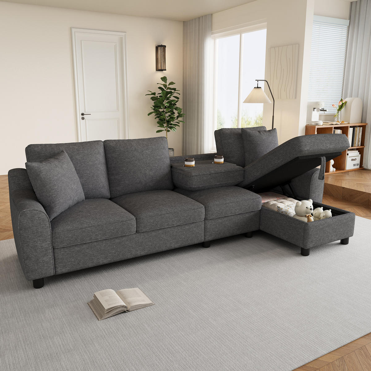 ECKSOFA L Form 3-Sitzer Chenille Stauraum Getränkehalter Grau 280cm - Grau, Textil (280/136cm) - FLIEKS