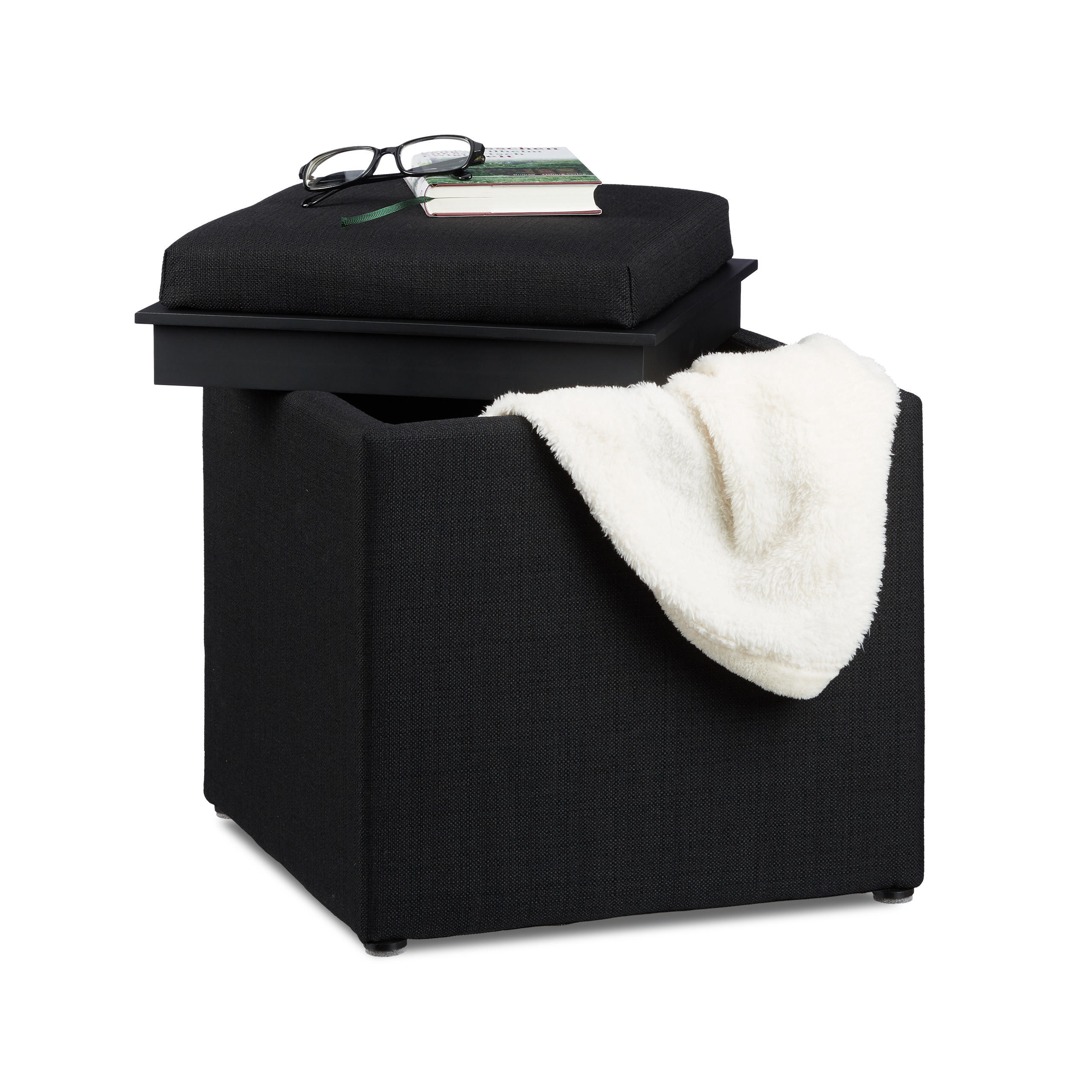 SITZHOCKER Schwarz mit Stauraum 42x40,5 cm - Schwarz, Holzwerkstoff/Textil (40.5/42/40.5cm) - Relaxdays