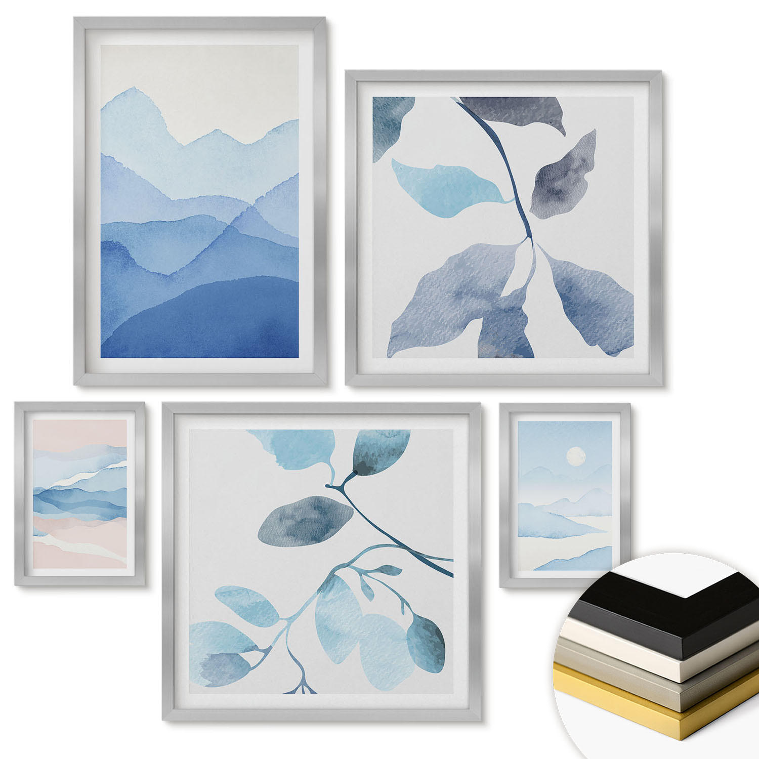 WANDBILDER 5er Set - 50x50 cm & 20x30 cm & 40x60 cm Silberner Rahmen - Berglandschaften, Aquarellpflanzen - Silberfarben, Kunststoff (40/60cm) - ArtPrintCave
