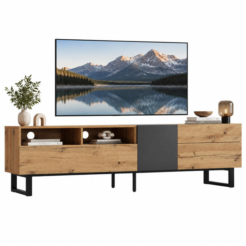 TV-SCHRANK mit 2 Schubladen 180 x 38 x 50 cm MDF Eiche Anthrazit - Schwarz, Holzwerkstoff (45.5/35/180cm) - Beauniv