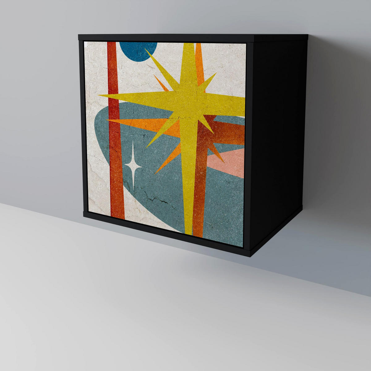 SIDEBOARD INTERSTELLAR VIBES, Schwarz, 57,5x42x70,5 cm, Schwarze Metall-Sternfüße - Multicolor/Schwarz, Holzwerkstoff/Metall (57.5/70.5/42cm) - SpaceRebels