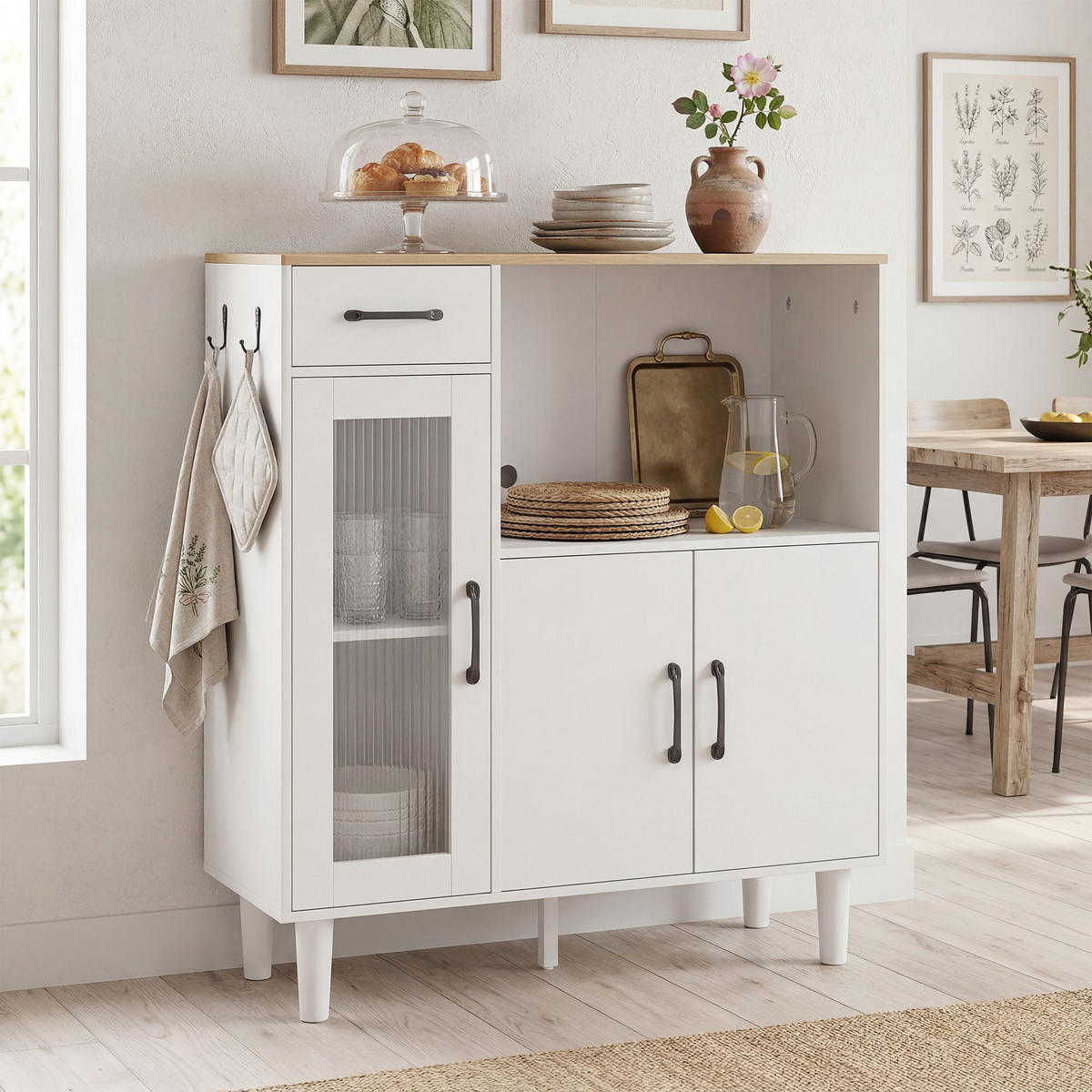 SIDEBOARD Weiß/Eiche, mit Acrylglastür, 80/34/91 cm - Weiß, Holz (80/91/34cm) - PANGIVO