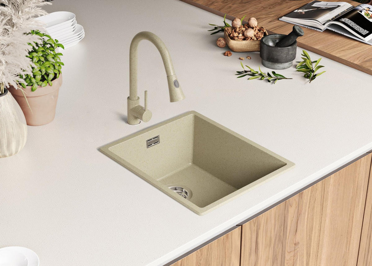 GRANITSPÜLE London Slim, 2-er set Beige 41/47 cm 1 Becken + Küchenarmatur 32/20 cm + Ablauf-Set ab 45er Unterschrank - Chromfarben/Beige, Kunststoff (41/20/47cm) - Primagran