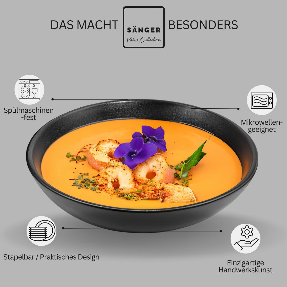TAFELSERVICE MADEIRA - 24-teilig aus Steingut - Schwarz, Keramik (27/6/27cm) - Sänger