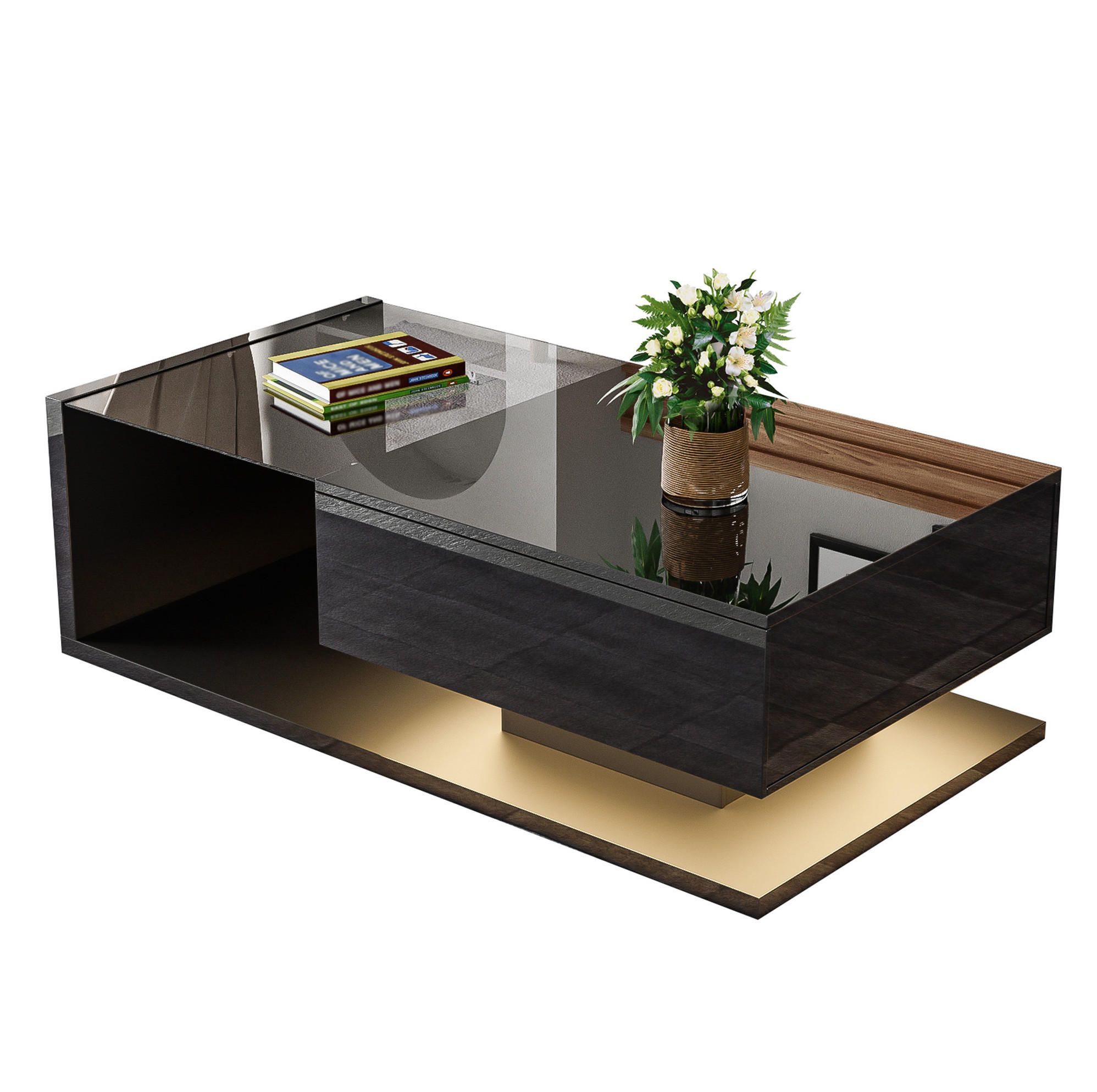 KONFERENČNÍ stolek, 105/55/32,5 cm černý, s tvrzeným sklem a LED osvětlením - černá, kompozitní dřevo (105/55/32.5cm) - BEAOK