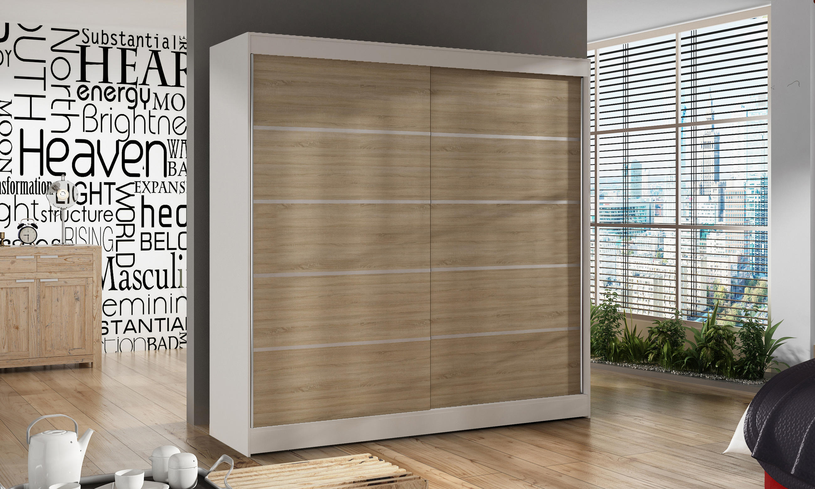 SCHWEBETÜRENSCHRANK Basti IV - 200 cm - Beige/Weiß, Holzwerkstoff/Metall (200/215/58cm) - Sofnet