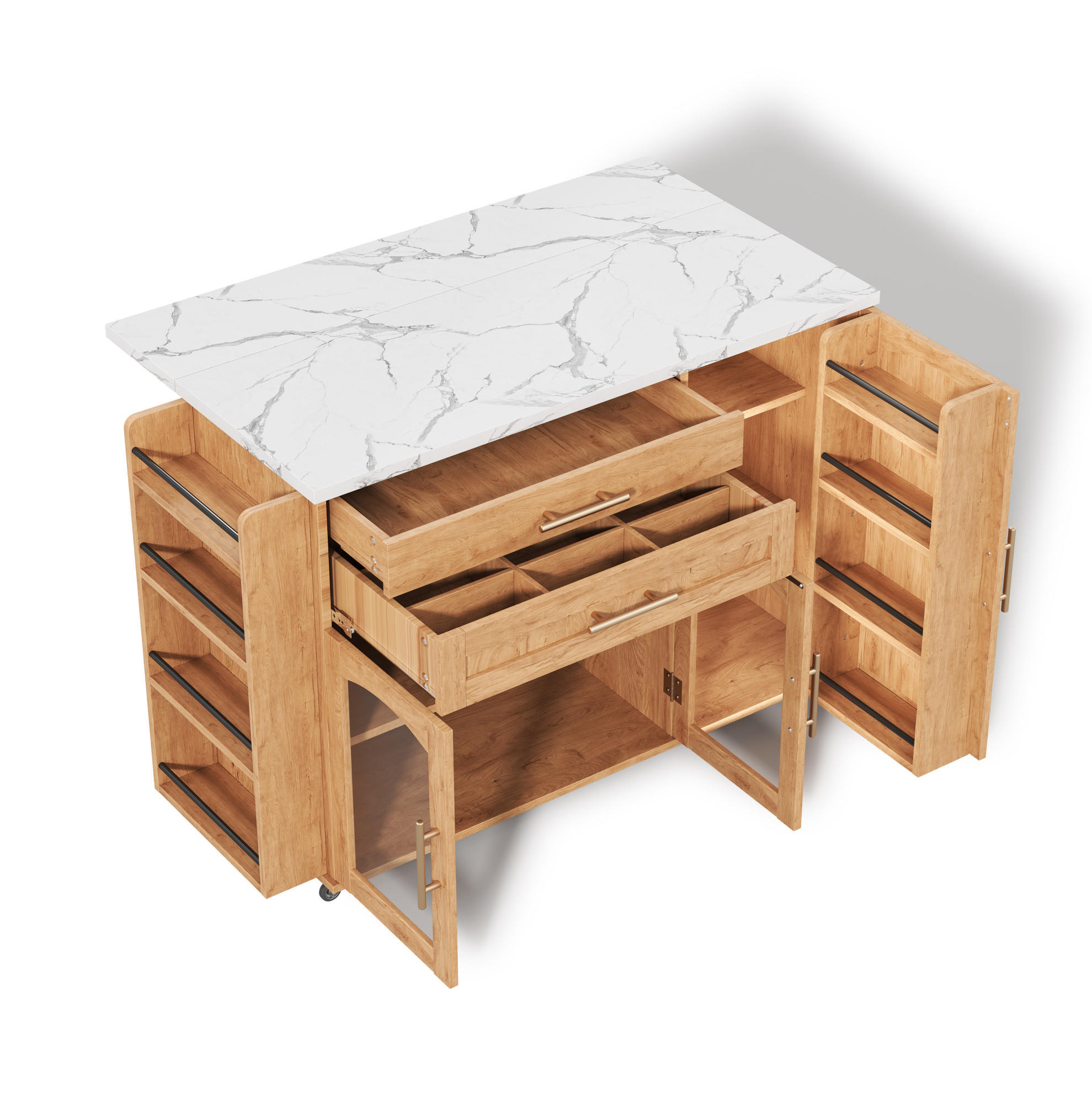 KÜCHENINSEL aus MDF 120x45(70)x90 cm Natur mit klappbarer Arbeitsplatte, Glastüren, Schubladen und 5 Rollen - Naturfarben, Holzwerkstoff (138/90/70cm) - Modfu