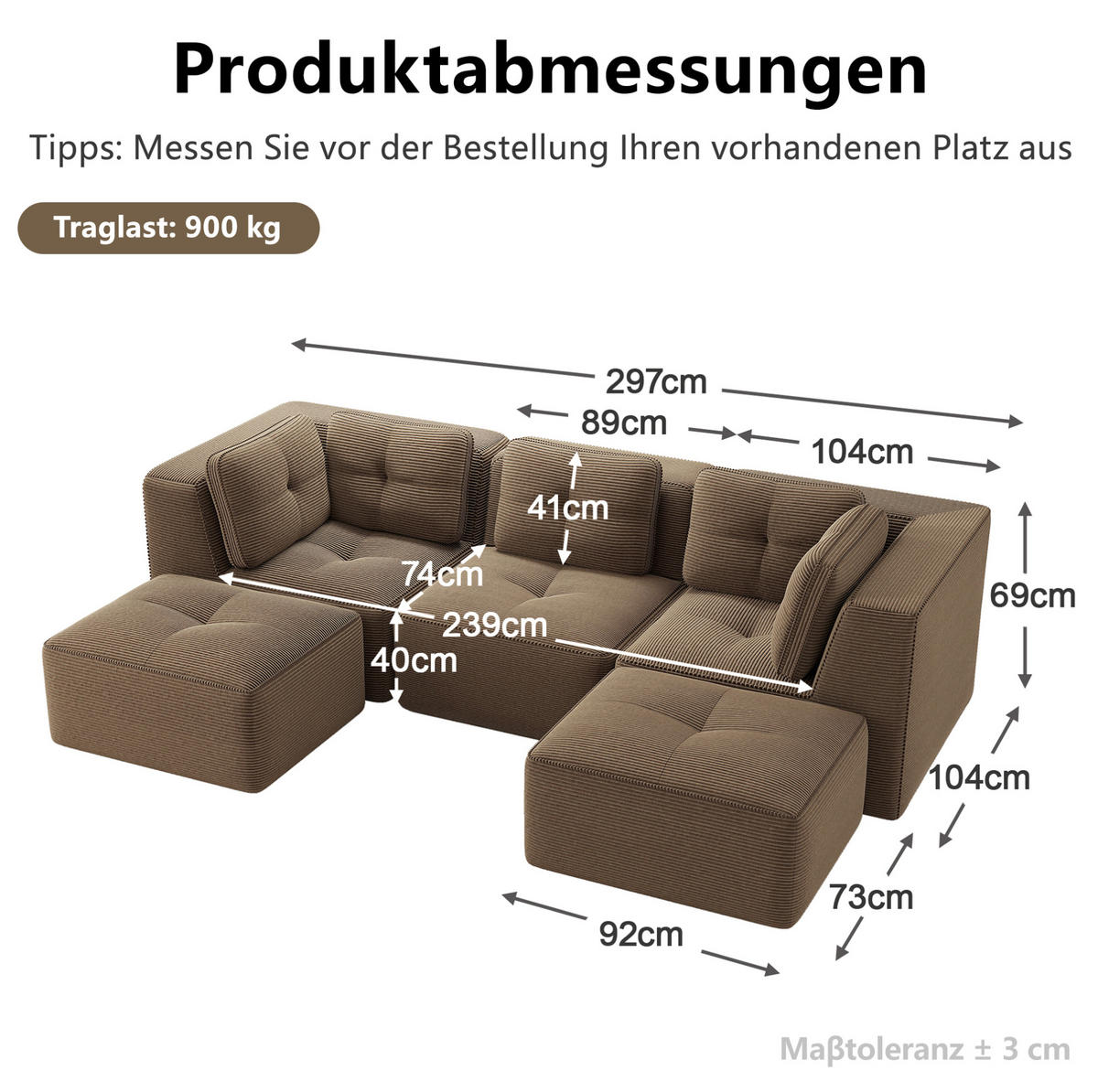 WOHNLANDSCHAFT 297/177/69 cm in Braun aus Cord mit modularem Design - Braun, Textil (177/69/297cm) - Flora Grace