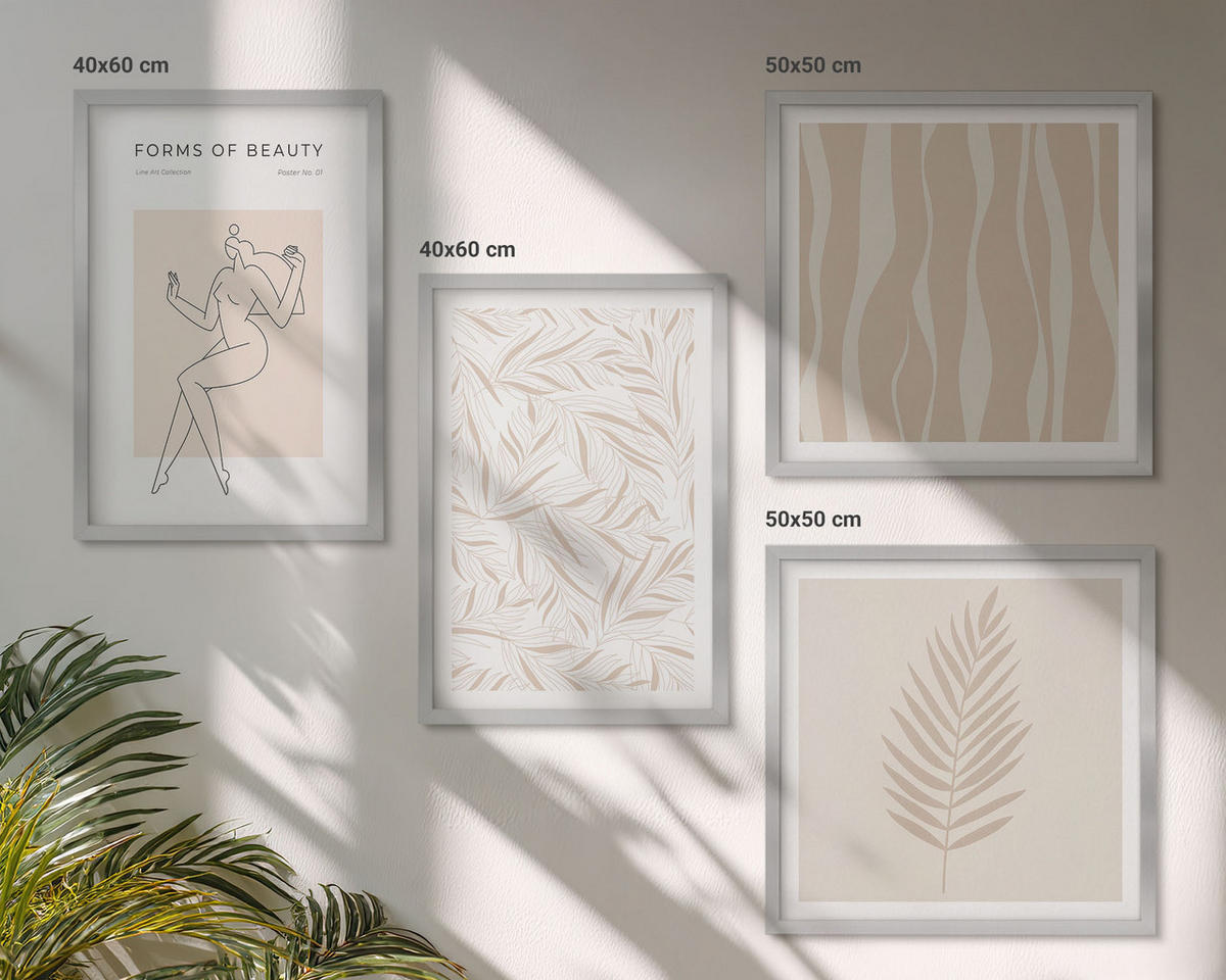 WANDBILDER 4er Set - 50x50 cm & 40x60 cm Silberner Rahmen - Minimalistische Pflanzenmotive - Silberfarben, Kunststoff (50/50cm) - ArtPrintCave