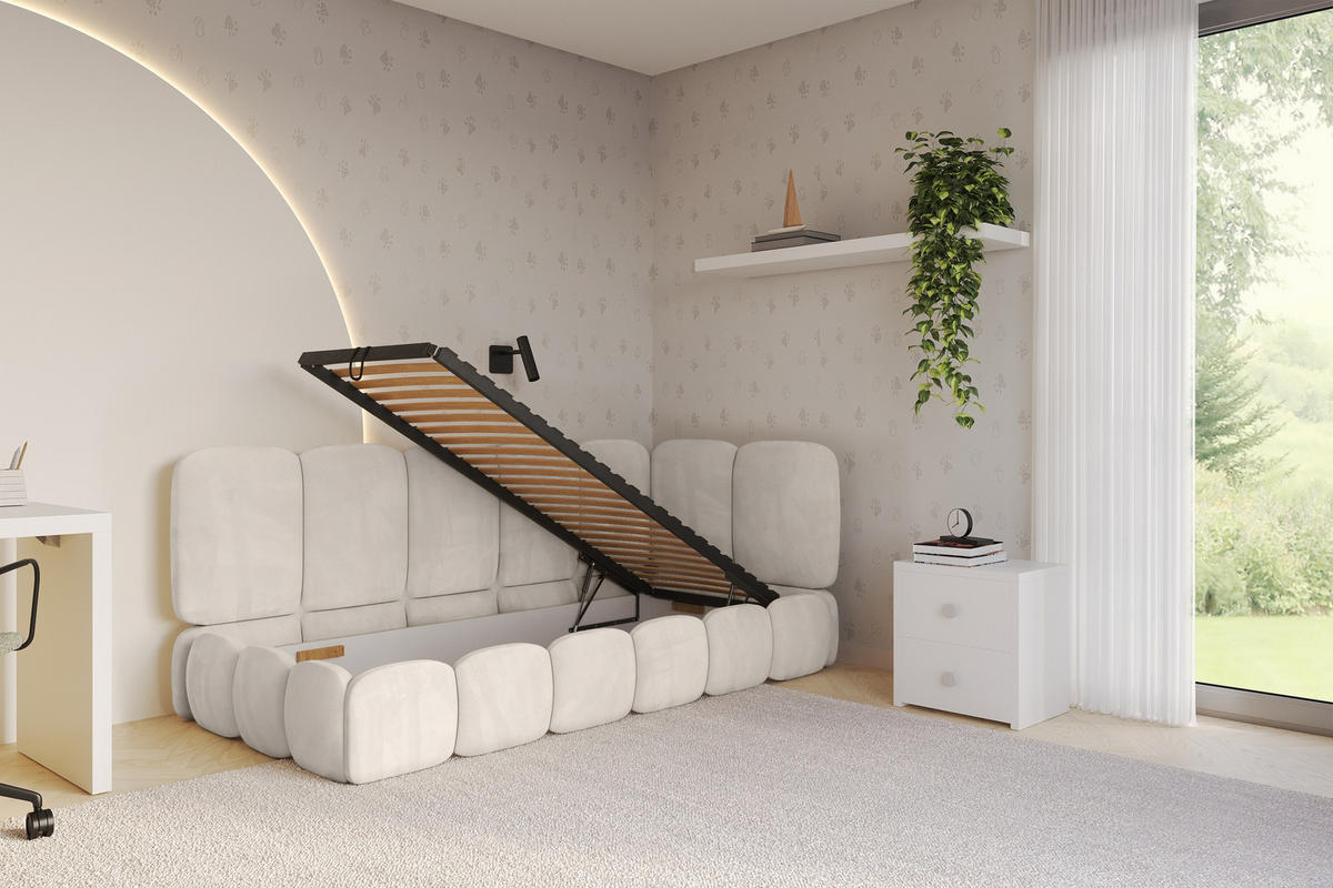 EINZELLBETT Jugendbett mit Bettkasten, Links - AVRY 100x200 Beige - Ecru/Beige, Holzwerkstoff/Textil (100/200cm) - ALTDECOR