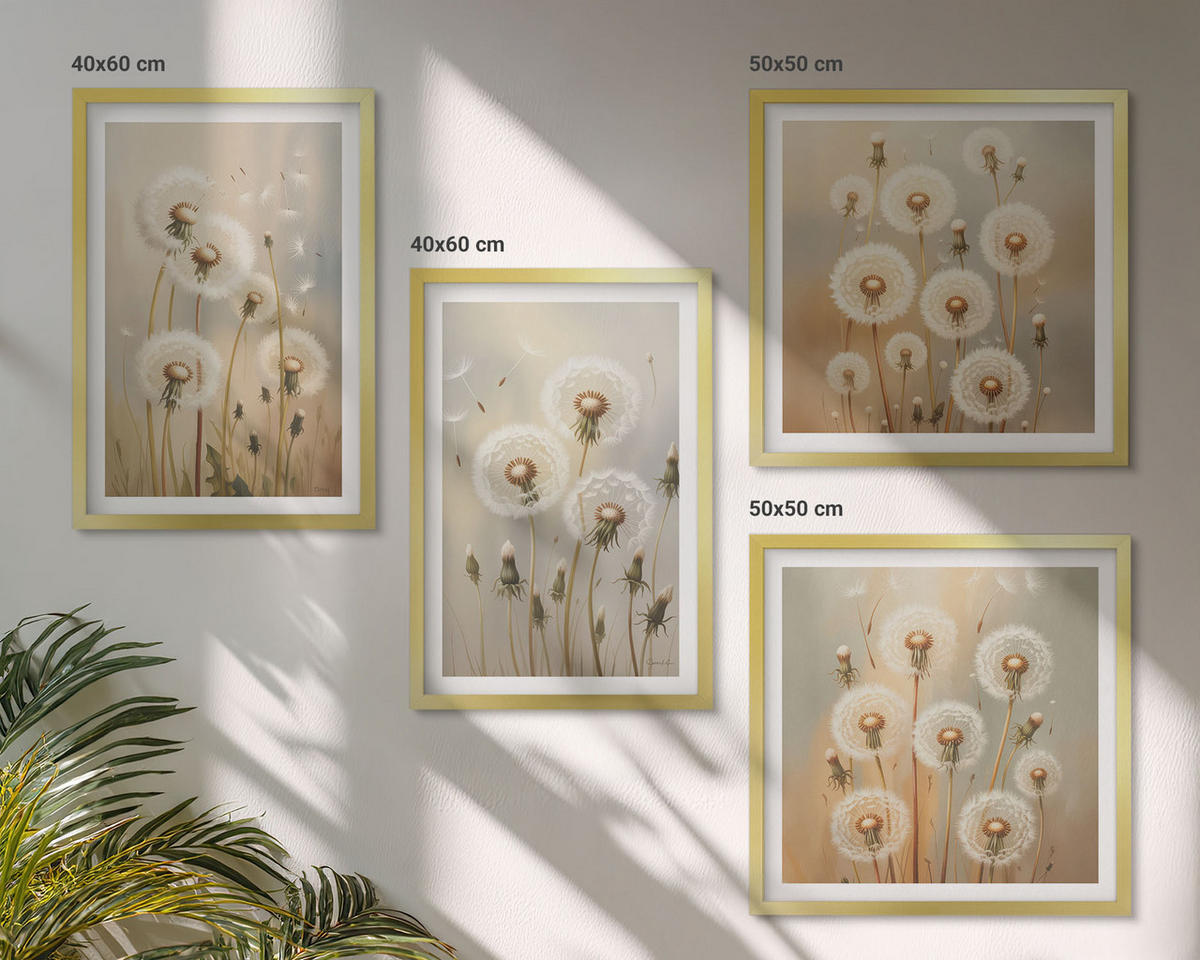WANDBILDER 4er Set - 50x50 cm & 40x60 cm Goldrahmen - Weiße Löwenzahnblüten auf hellem Hintergrund - Goldfarben, Kunststoff (50/50cm) - ArtPrintCave