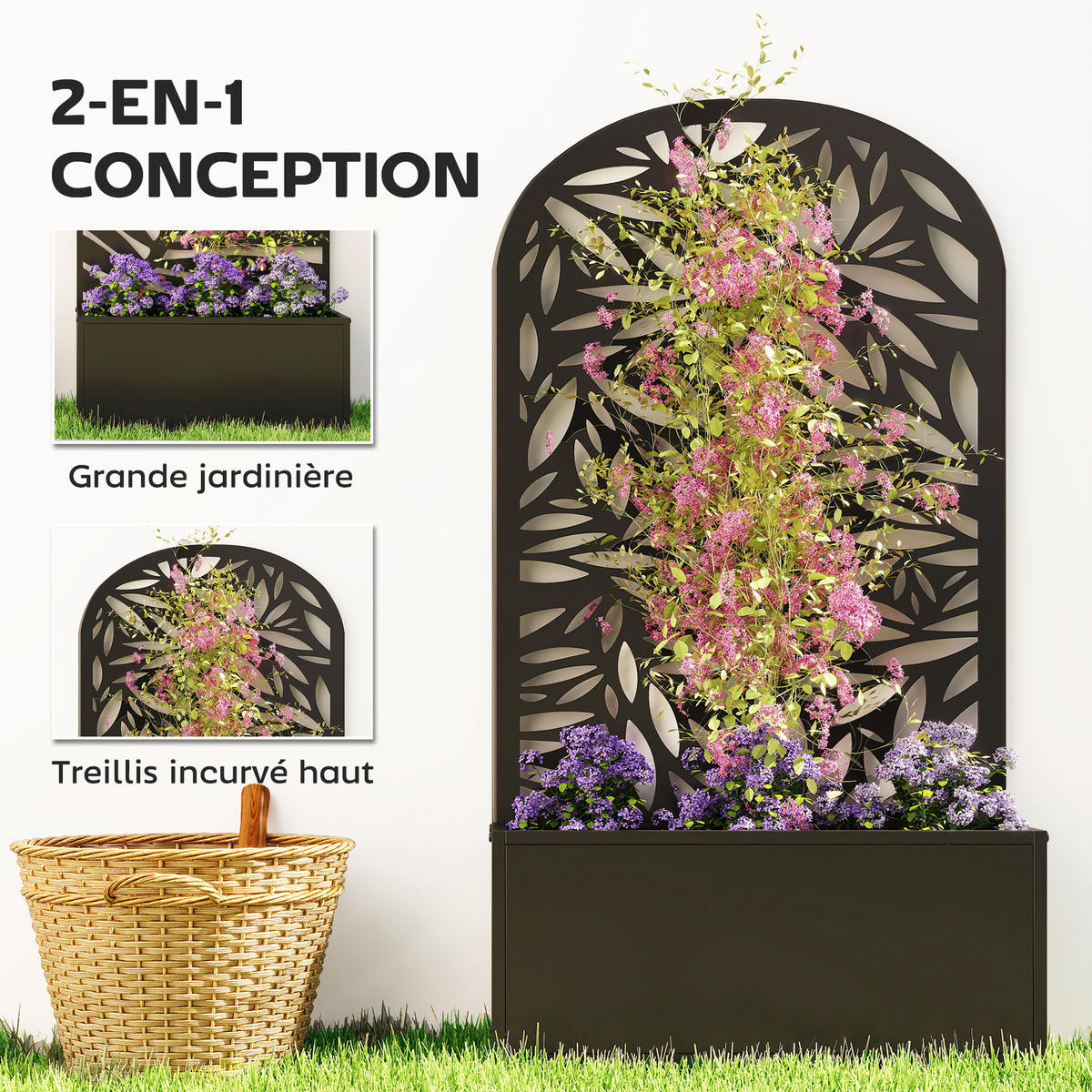 HOCHBEET DE-12289 mit Rankgitter wandmontierbar, 61/23/113 cm Schwarz - Schwarz, Metall (61/113/23cm) - ComfortXL