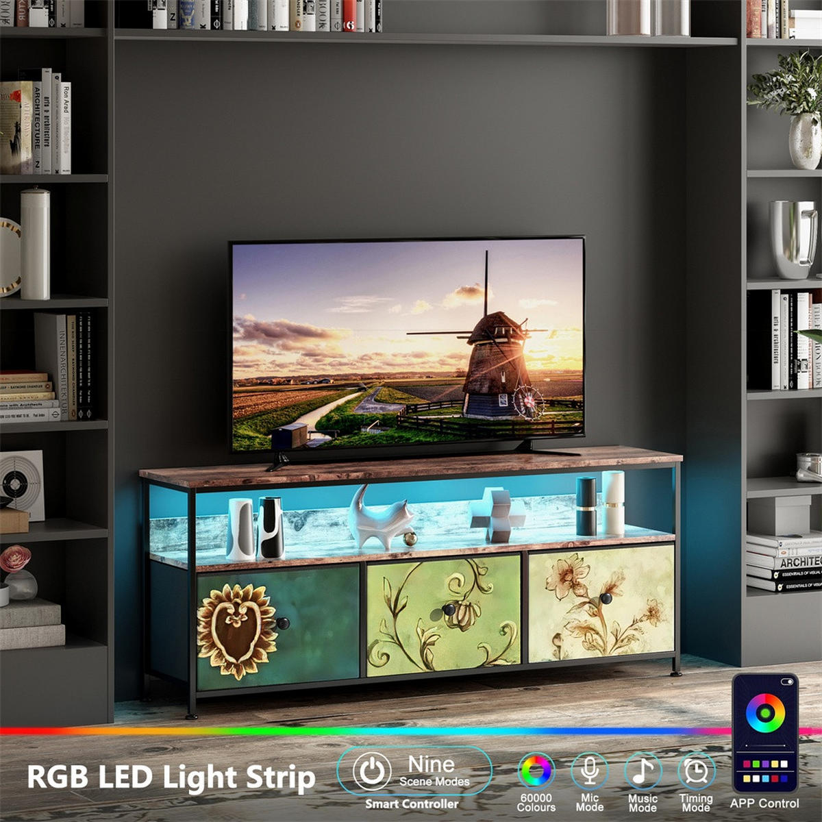 TV-LOWBOARD 137x29.8x57 cm - TV-Schrank mit LED-Beleuchtung und bunten Stoffschubladen - Mehrfarbig - Multicolor, Holzwerkstoff (29.8/57/137cm) - DELFA
