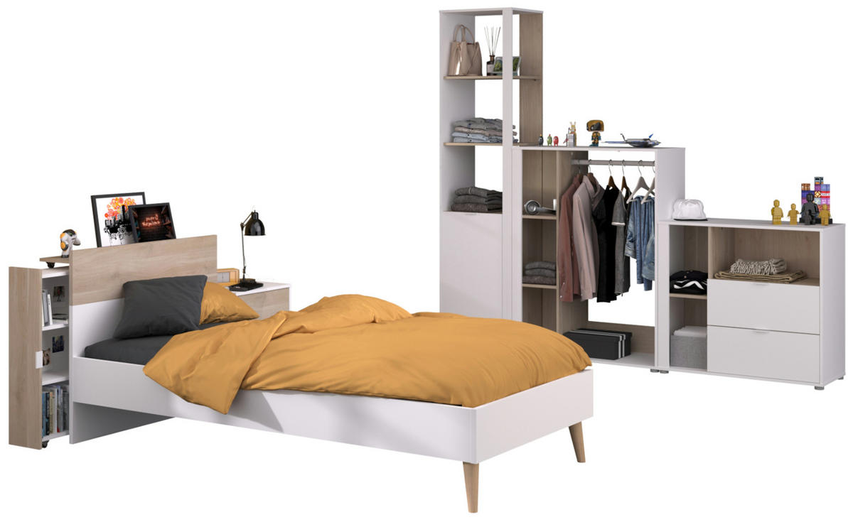 JUGENDZIMMER weiß, Eiche, Komplett-Set 6-teilig mit vielen Fächern - Eichefarben/Weiß, Holzwerkstoff (95/205/206cm) - Parisot Meuble