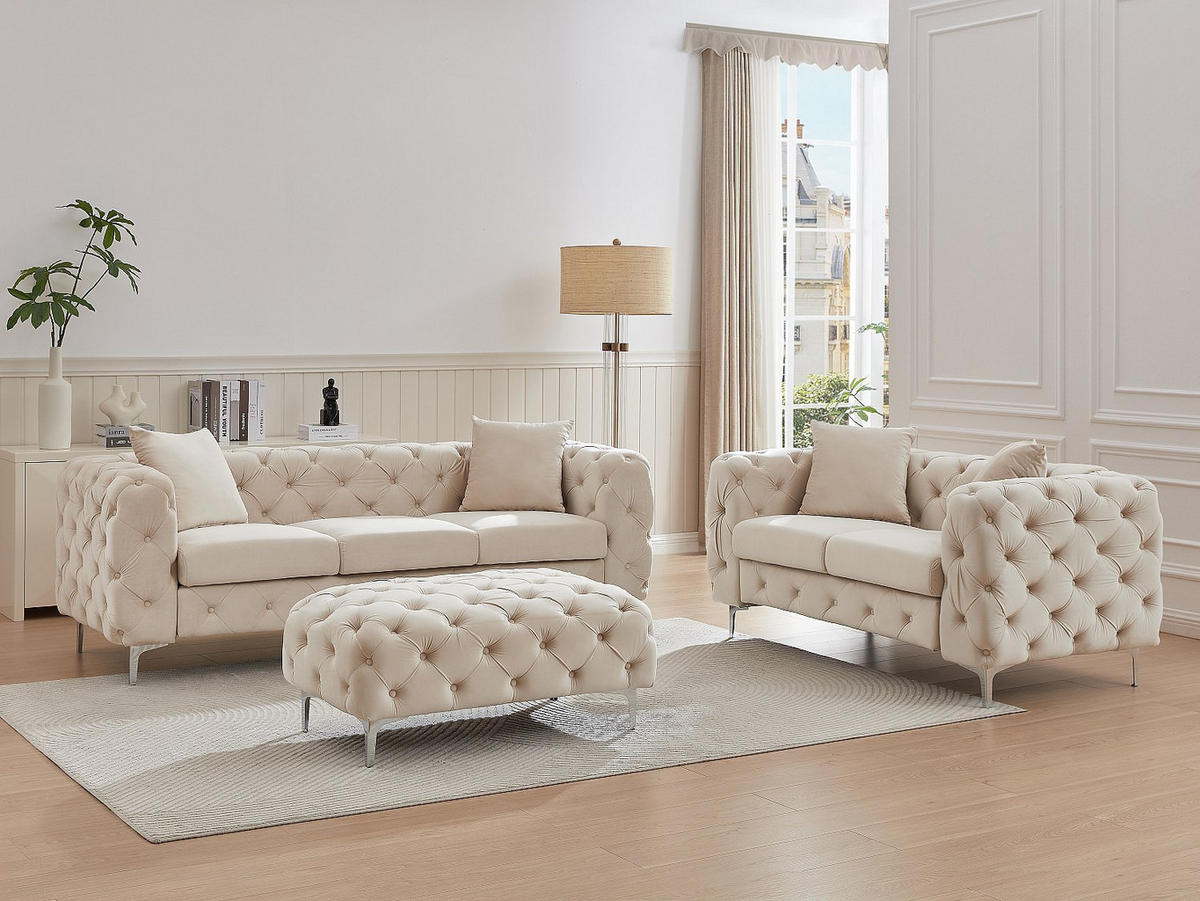 CHESTERFIELD-SOFA 3-Sitzer, 2-Sitzer & Chesterfield-Hocker - Samt - Beige - EDWINA - Beige, Textil (220/76/91cm) - Vente-Unique