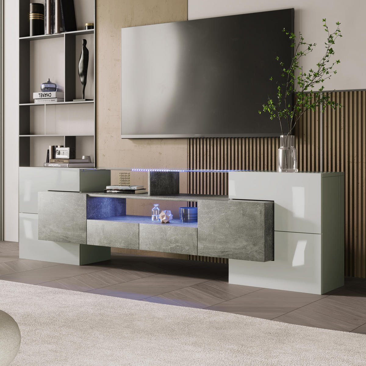TV-SCHRANK mit LED-Beleuchtung 200 cm MDF Grau - Grau, Holzwerkstoff (30/60/200cm) - Beauniv