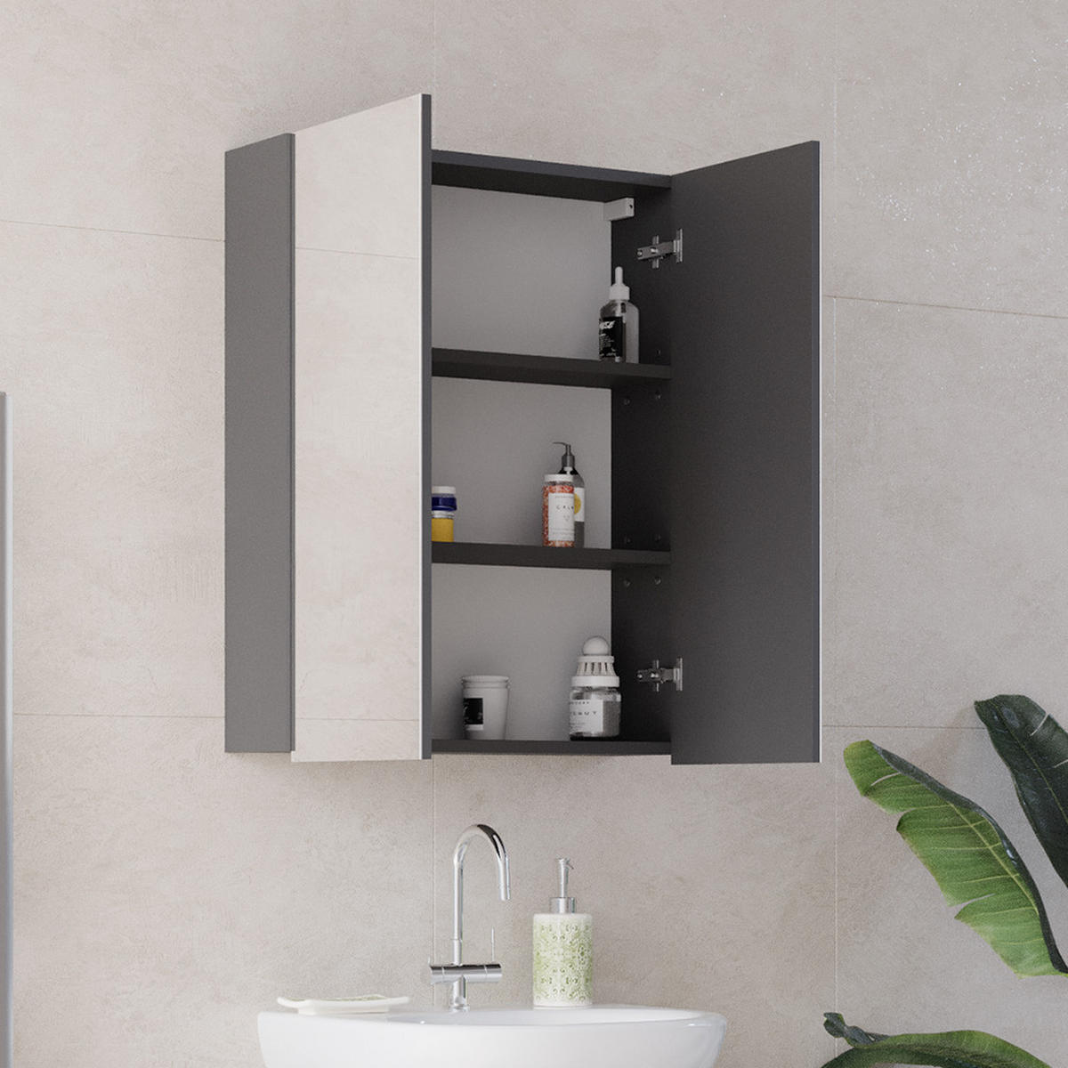BADSPIEGELSCHRANK Fredd Anthrazit 60 x 77 cm - Schwarz Hochglanz/Anthrazit, Holzwerkstoff (60/77/17.2cm) - Vicco