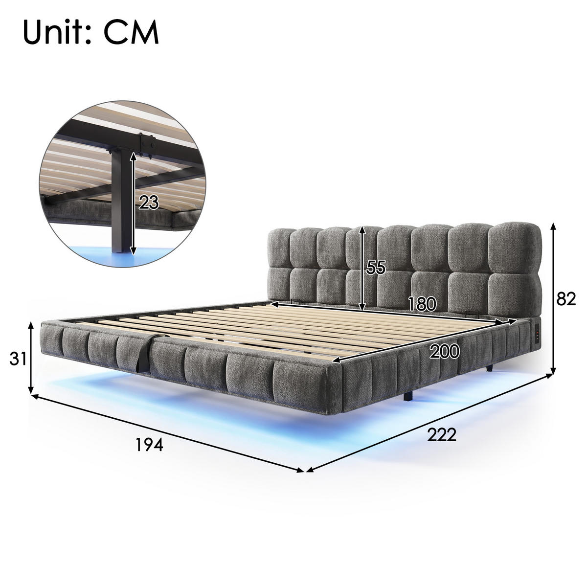 ČALÚNENÁ POSTEĽ 180 × 200 cm v sivej farbe s úložným priestorom, LED osvetlením a USB, zo ženilky - čierna/sivá, kov/kompozitné drevo (180/200cm) - CHICFURN