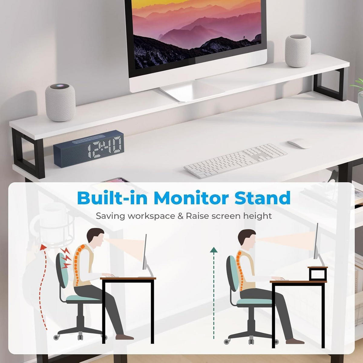 SCHREIBTISCH Weiß mit Regal und Monitorständer 120 x 55 cm - Weiß, Metall (120/55/75cm)