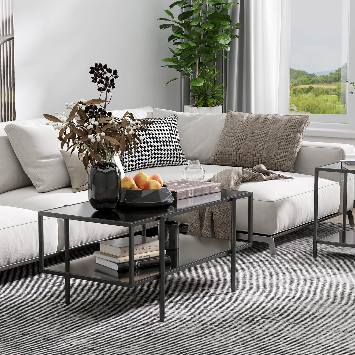 COUCHTISCH mit Ablage, verstellbare Füße, 100 x 55 x 45,5 cm - Schwarz, Glas (100/55/45.5cm) - HOMCOM