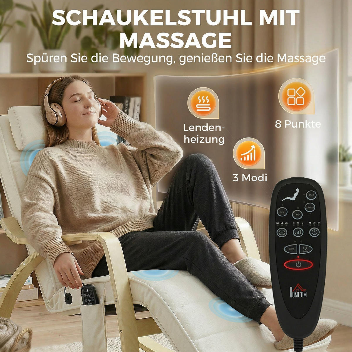 SCHAUKELSTUHL DE-07601 mit Massage, Heizung und verstellbarer Kopf- & Fußstütze Cremeweiß - Creme, Textil (67/92/106cm) - ComfortXL
