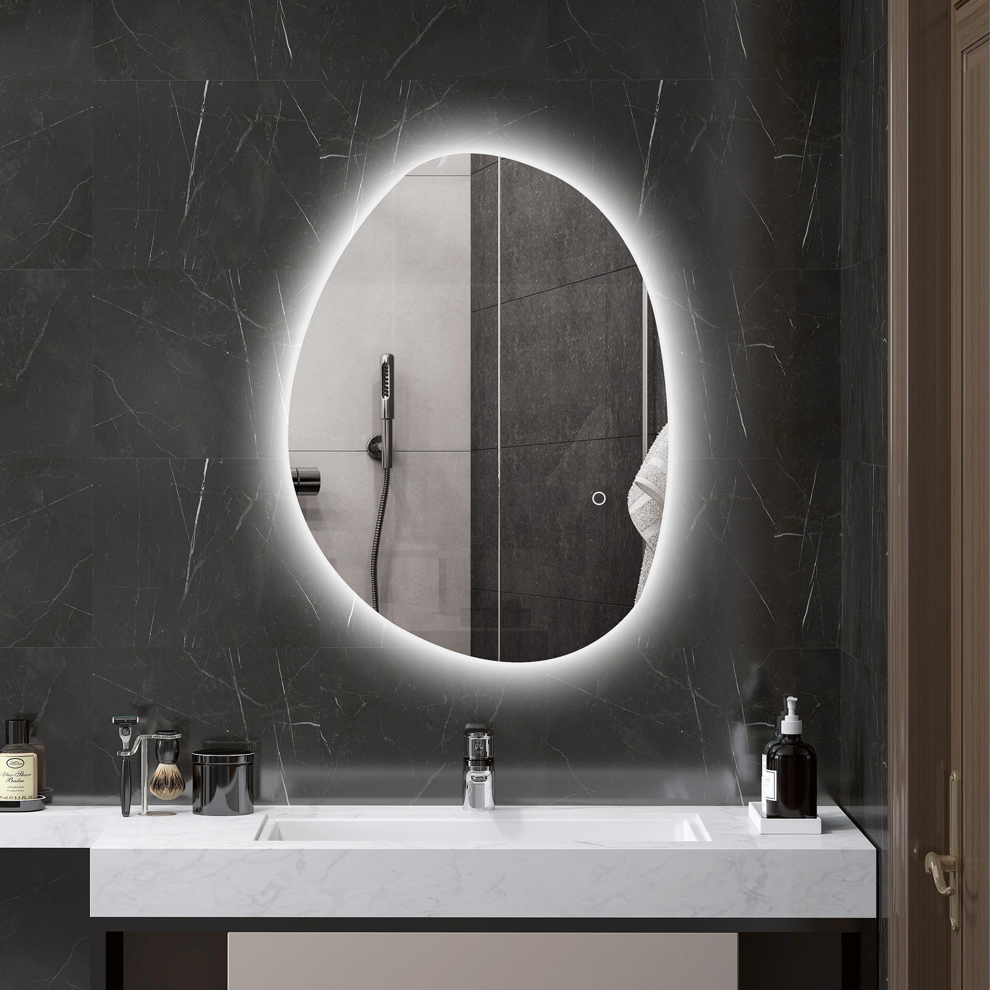 70 x 50 cm Asymmetrischer Badspiegel mit LED-Licht, Anti-Beschlag-Funktion - Silberfarben, Glas (5/50/70cm) - HOMCOM