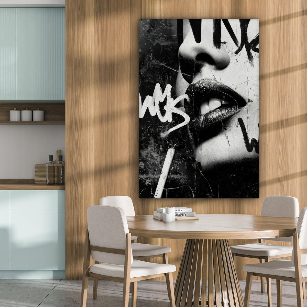 LEINWANDBILD Gesicht - Mund - Graffiti - Schwarz Deko XXL 80x120 cm - Schwarz, Textil (80/120cm) - MuchoWow