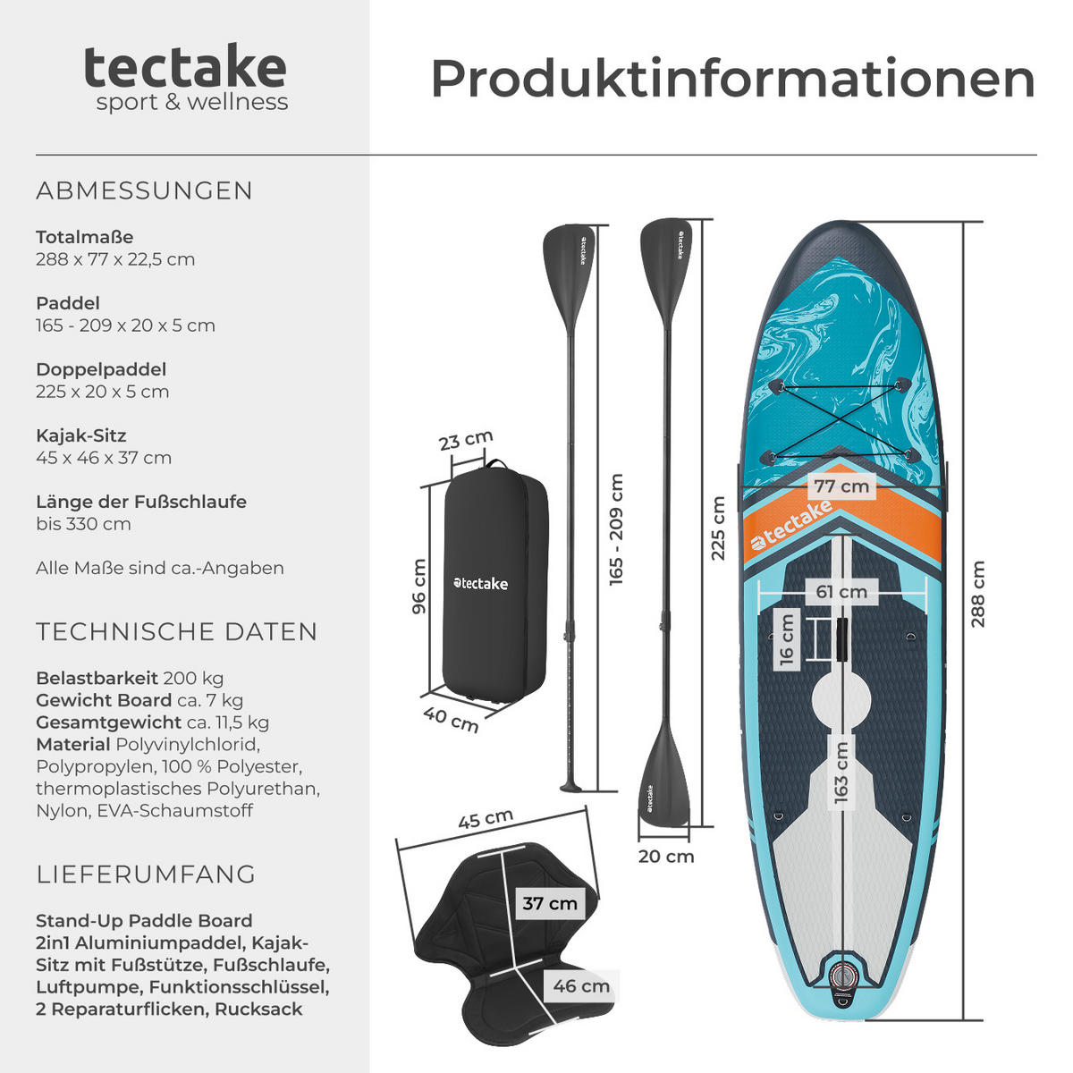 STAND-UP PADDLE BOARD ,288 x 77 x 22,5 cm,türkis/orange - Türkis, Kunststoff (288/77/22.5cm) - tectake