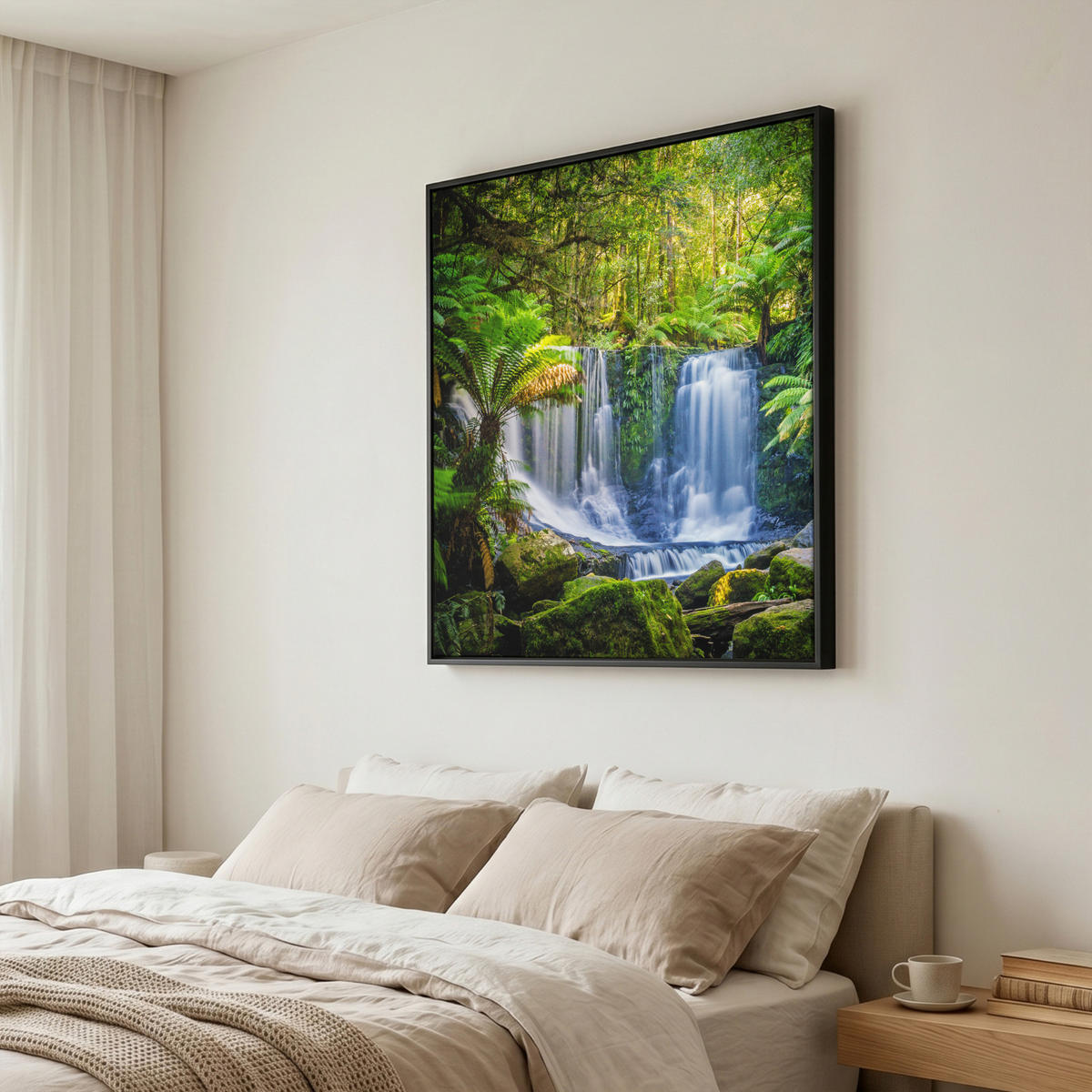 LEINWAND Bilder mit Rahmen - Dschungel - Wasserfall - Australien - Pflanzen - Natur - 90x90 - Dunkelgrün, Textil (90/90cm) - MuchoWow