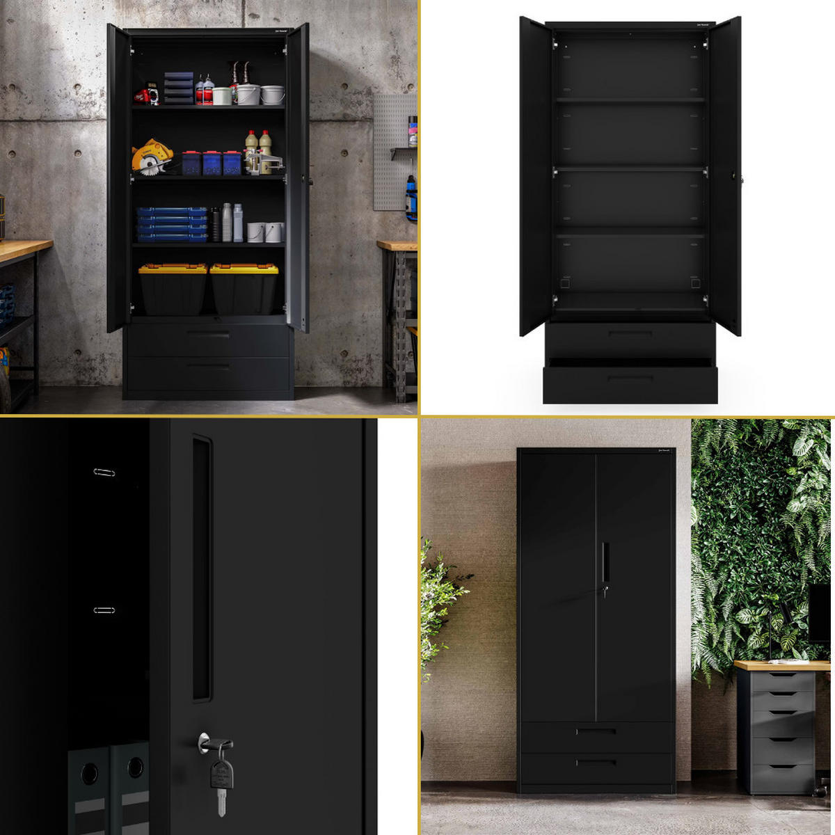 METALLSCHRANK mit Doppel-Schublade RUEL 195x90x40cm Schwarz - Schwarz, Metall (90/195/40cm) - DELUKE