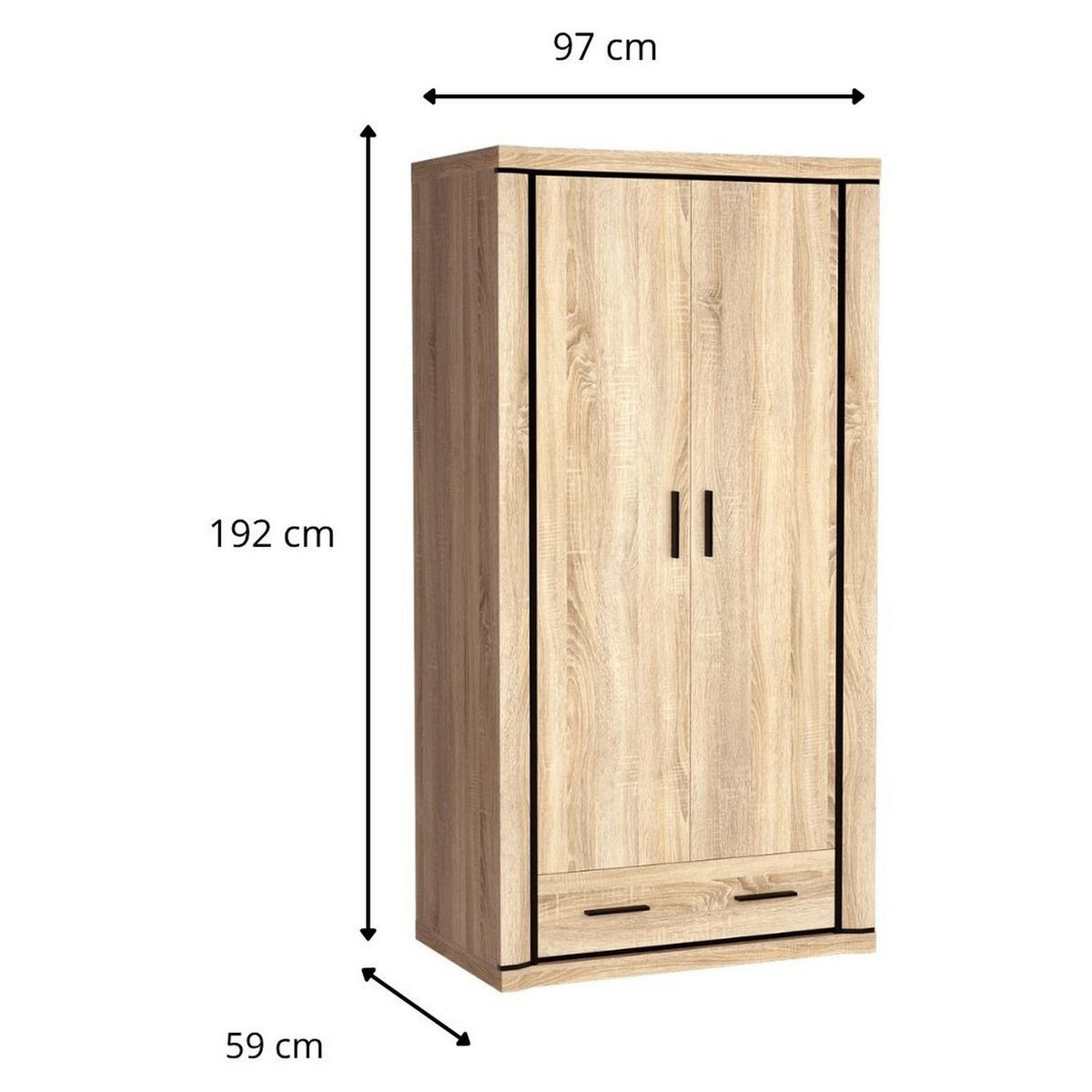 KLEIDERSCHRANK Dallas D-20 97 x 192 x 59 cm Eiche Sonoma - Schwarz/Sonoma Eiche, Holzwerkstoff/Kunststoff (97/192/59cm) - Koseto