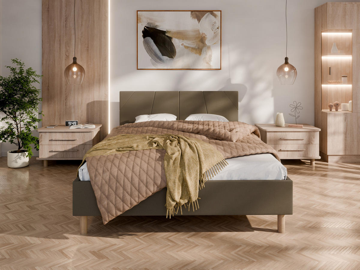 POLSTERBETT ALMORE 140x200cm Elegantes Polsterbett für modernen Wohnstil , Taschenfederkernmatratze LIORA(19cm), braun - Braun, Holz (140/200cm) - Panda Möbel