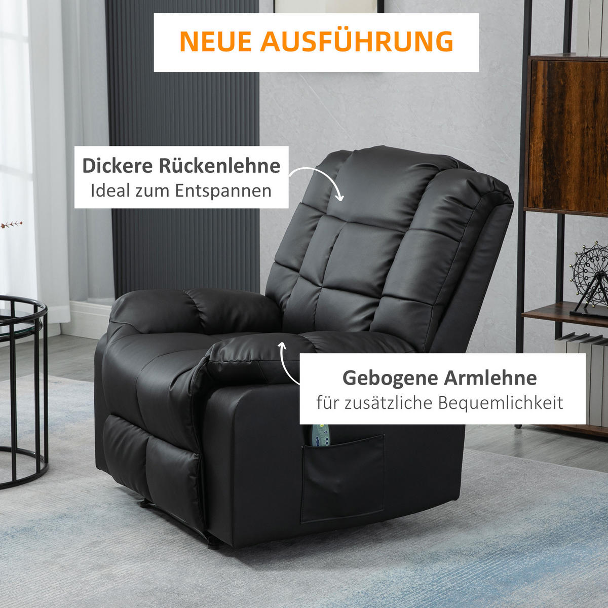 MASSAGESESSEL Elektrisch Fernsehsessel mit Liegefunktion 8 Massagepunkte Schwarz - Schwarz, Leder (99/99/94cm) - HOMCOM