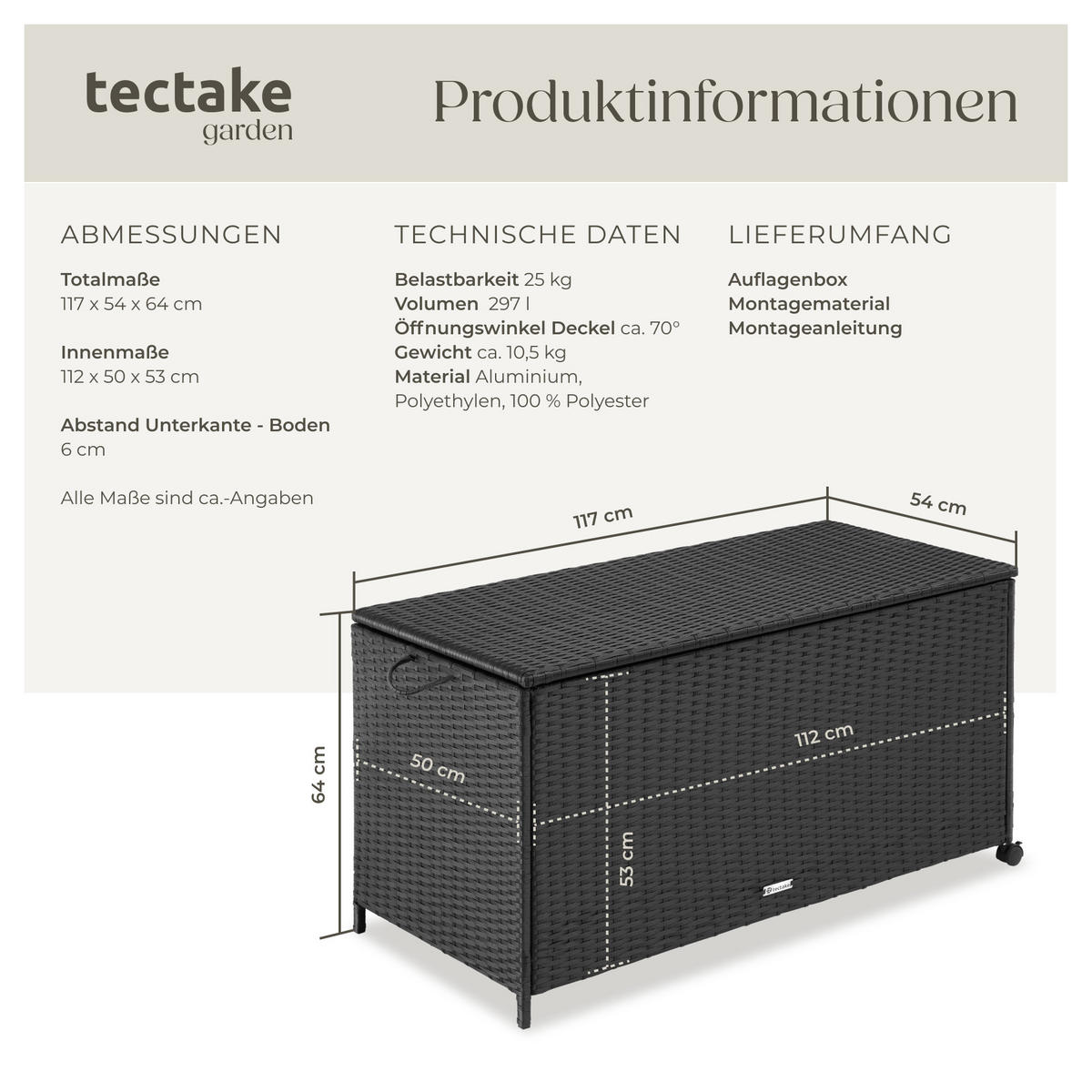 AUFLAGENBOX Kuusamo,117 x 54 x 64 cm,schwarz - Schwarz, Kunststoff (54.5/63/117cm) - tectake