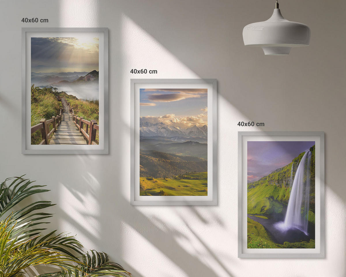 BILDER SET 3er Set - 40x60 cm Silberner Rahmen - Berglandschaften Wasserfall - Silberfarben, Kunststoff (40/60cm) - TULUP
