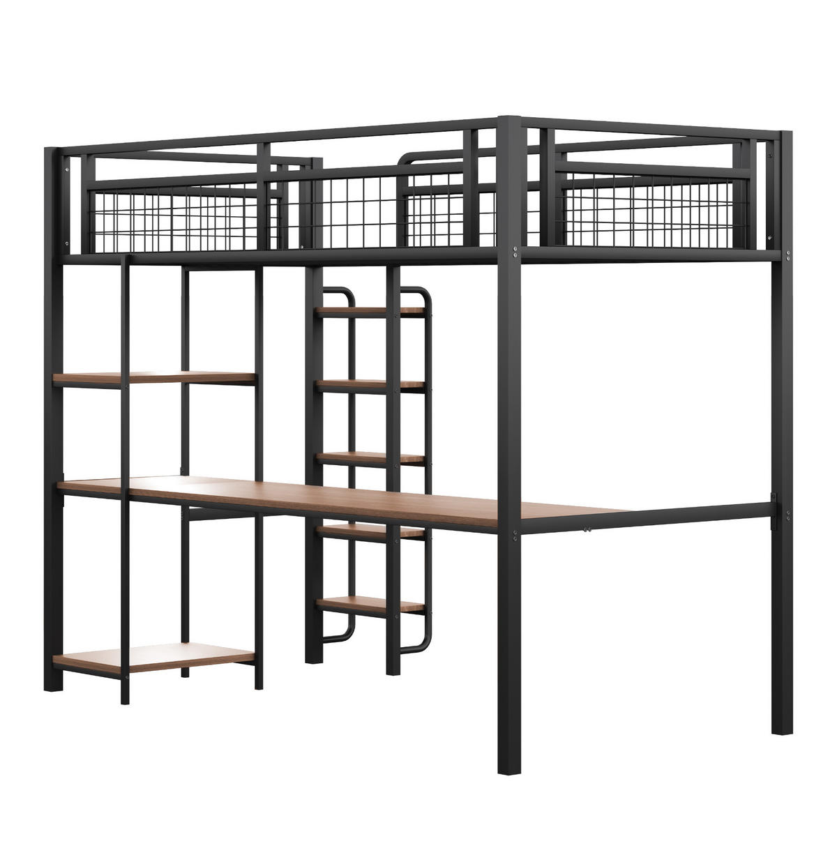 HOCHBETT aus Metall 90x200 cm in Schwarz mit Schreibtisch & Regalen - Schwarz, Metall (90/200cm) - Modfu