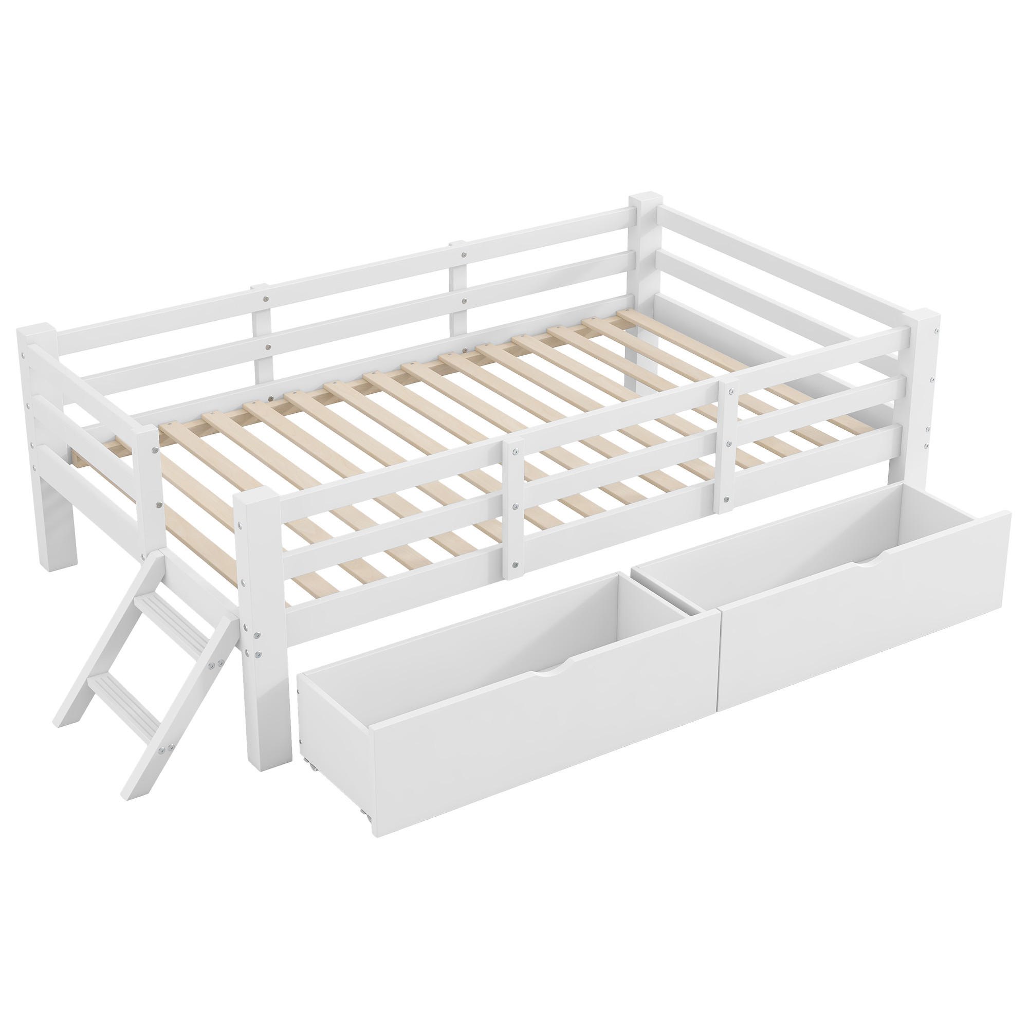 KINDERBETT 90/200 cm DE-03348, mit Schutzgeländer und 2 Schubladen, in Weiß - Weiß, Holz/Holzwerkstoff (90/200cm) - ComfortXL