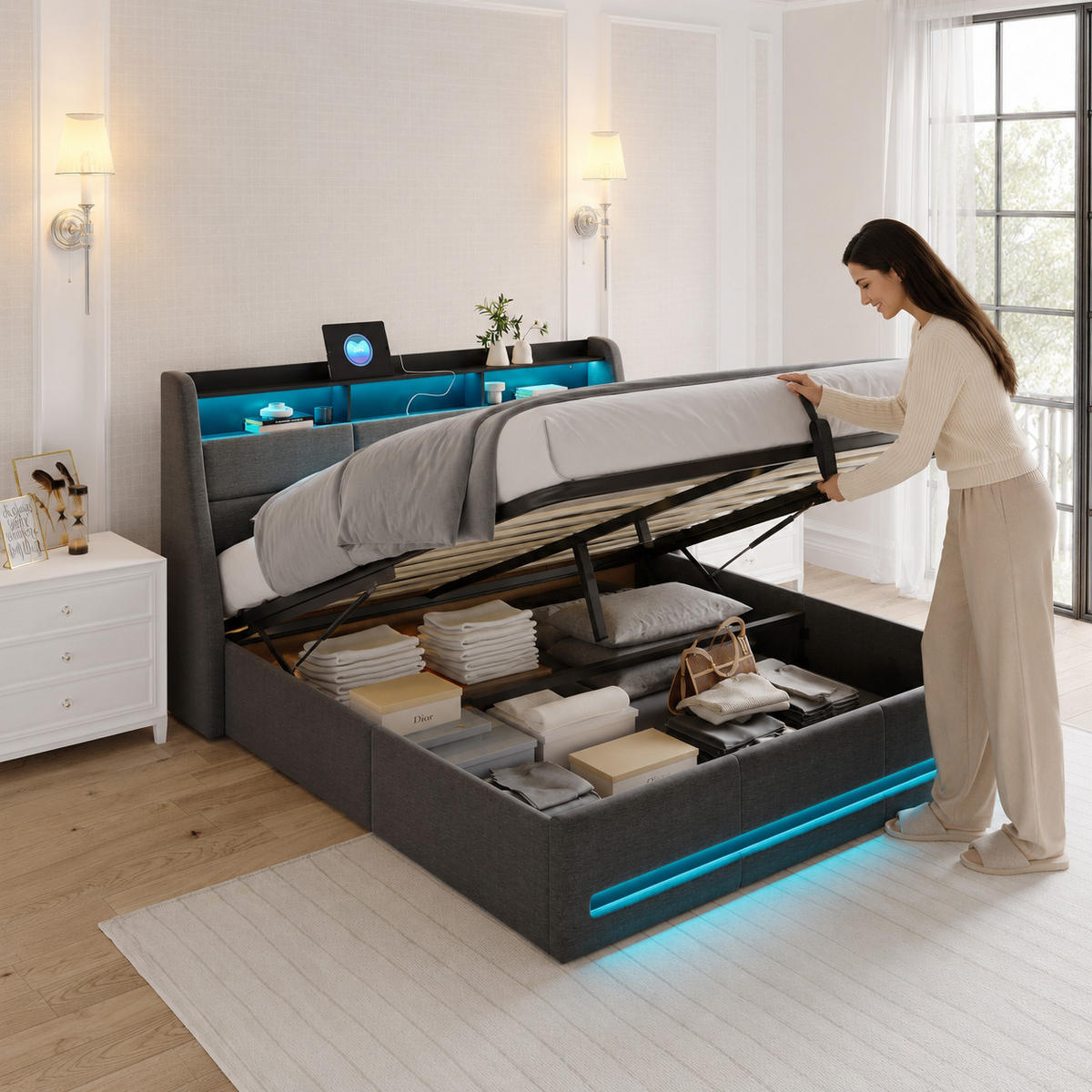 POLSTERBETT 140/190 cm Grau mit Bettkasten, LED, USB-Anschlüssen, Kopfteil-Ablage und Lattenrost - Grau, Holz/Metall (140/190cm) - Joyfair