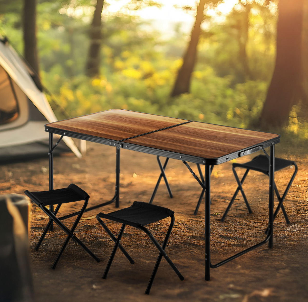GARTENSET Tisch und 4 Stühlen, 120/60 cm, Höhenverstellbar - Schwarz/Braun, Metall - Outtec
