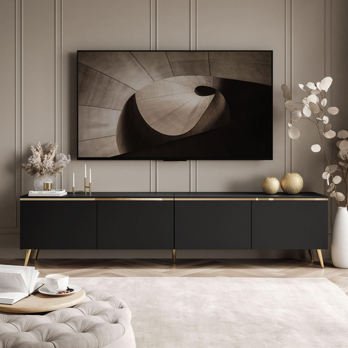 TV-SCHRANK CELINE 200 cm schwarz matt auf schräge goldenen Füßen - Schwarz, Holzwerkstoff (200/49/40cm) - Lookway